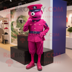 Magenta Navy Soldier mascot costume character dressed with a Sheath Dress and Shoe laces