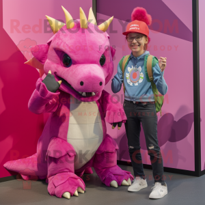 Magenta Stegosaurus mascot costume character dressed with a Boyfriend Jeans and Berets