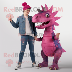 Magenta Stegosaurus mascot costume character dressed with a Boyfriend Jeans and Berets