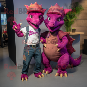 Magenta Stegosaurus mascot costume character dressed with a Boyfriend Jeans and Berets