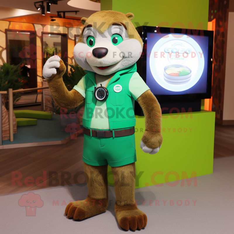 Green Otter mascot costume character dressed with a Vest and Digital watches