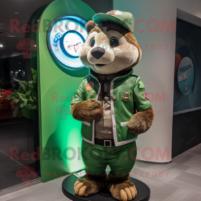 Green Otter mascot costume character dressed with a Vest and Digital watches