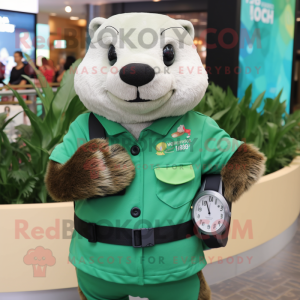 Green Otter mascot costume character dressed with a Vest and Digital watches