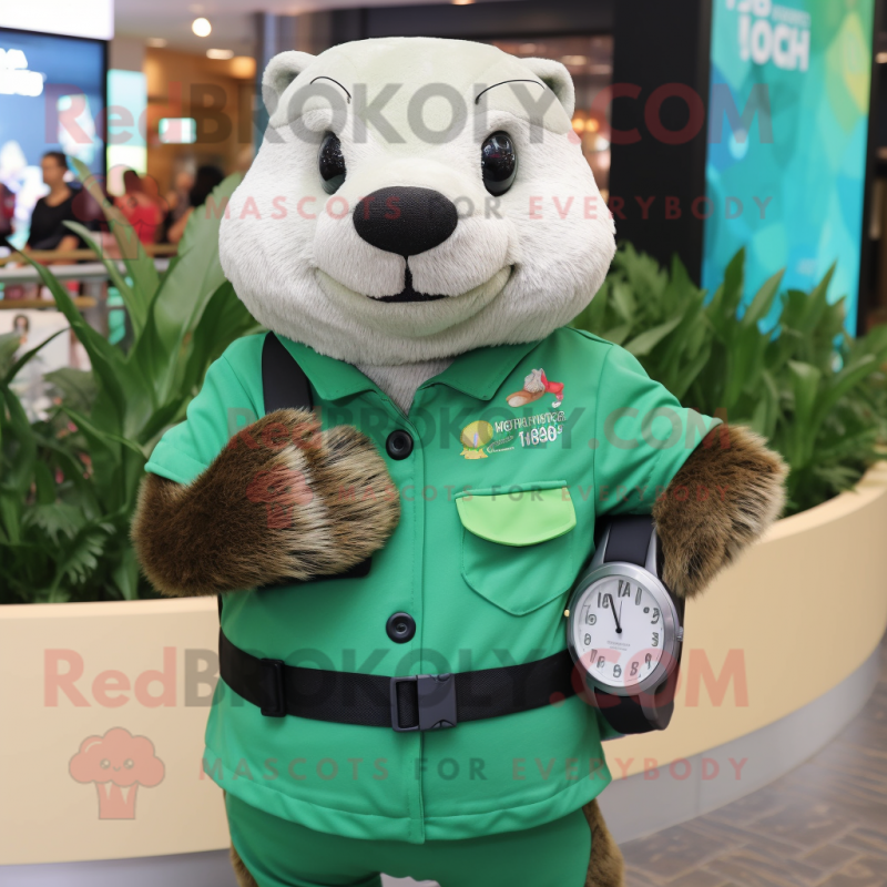 Green Otter mascot costume character dressed with a Vest and Digital watches Green Otter mascot costume character dressed with a Vest and Digital watches