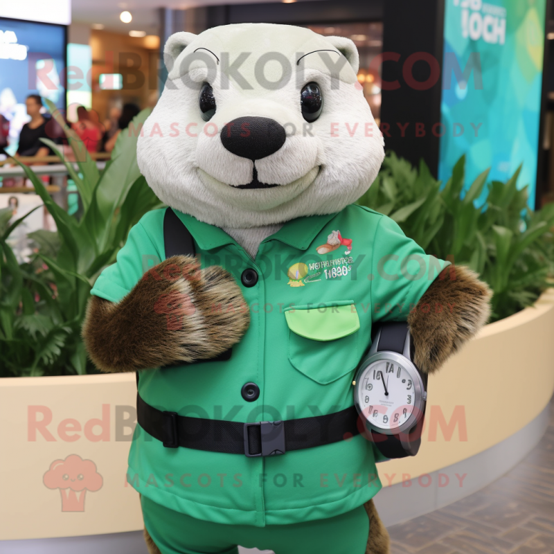 Green Otter mascot costume character dressed with a Vest and Digital watches