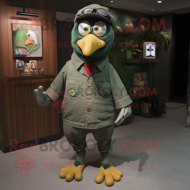 Green Crow mascot costume character dressed with a Dungarees and Keychains Green Crow mascot costume character dressed with a Dungarees and Keychains