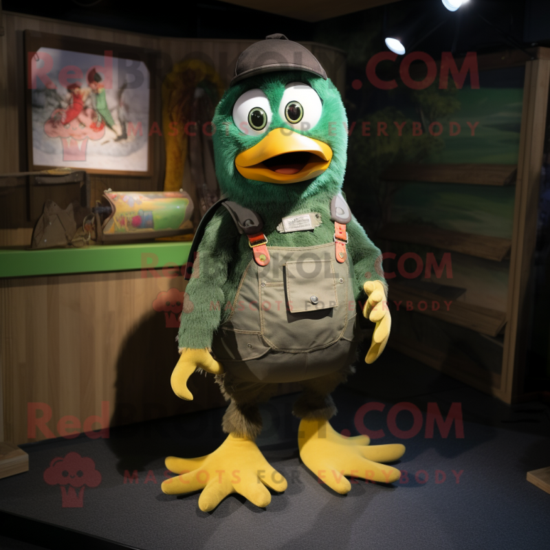 Green Crow mascot costume character dressed with a Dungarees and Keychains Green Crow mascot costume character dressed with a Dungarees and Keychains
