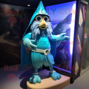 Cyan Wizard mascot costume character dressed with a Board Shorts and Belts