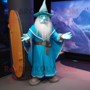 Cyan Wizard mascot costume character dressed with a Board Shorts and Belts