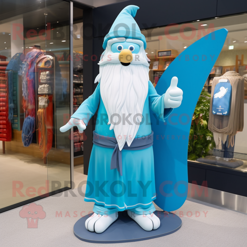 Cyan Wizard mascot costume character dressed with a Board Shorts and Belts