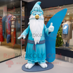 Cyan Wizard mascot costume character dressed with a Board Shorts and Belts