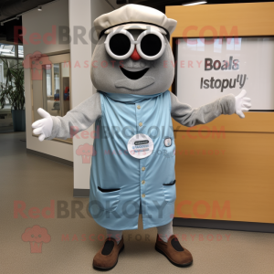 Silver Bagels mascot costume character dressed with a Chambray Shirt and Eyeglasses