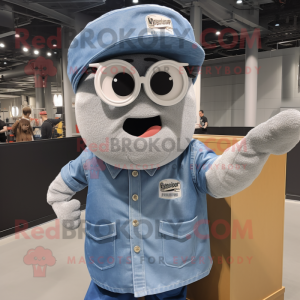 Silver Bagels mascot costume character dressed with a Chambray Shirt and Eyeglasses