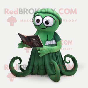 Forest Green Kraken mascot costume character dressed with a Circle Skirt and Reading glasses