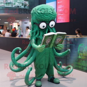 Forest Green Kraken mascot costume character dressed with a Circle Skirt and Reading glasses