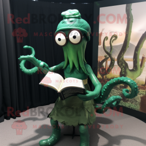 Forest Green Kraken mascot costume character dressed with a Circle Skirt and Reading glasses