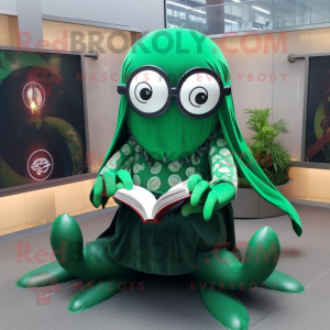 Forest Green Kraken mascot costume character dressed with a Circle Skirt and Reading glasses