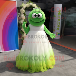 Lime Green Rainbow mascot costume character dressed with a Wedding Dress and Hairpins