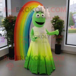 Lime Green Rainbow mascot costume character dressed with a Wedding Dress and Hairpins