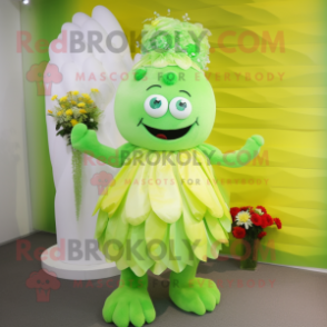 Lime Green Rainbow mascot costume character dressed with a Wedding Dress and Hairpins