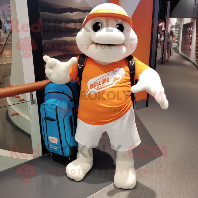 White Orange mascot costume character dressed with a Rash Guard and Backpacks