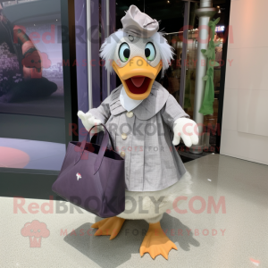 Gray Muscovy Duck mascot costume character dressed with a A-Line Skirt and Tote bags