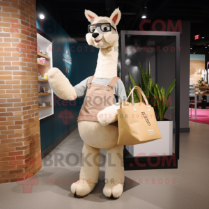 Beige Llama mascot costume character dressed with a Flare Jeans and Tote bags