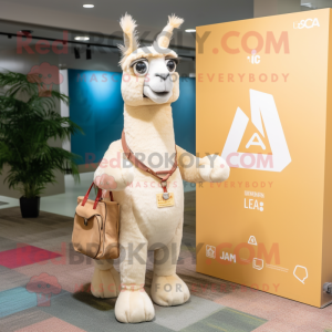 Beige Llama mascot costume character dressed with a Flare Jeans and Tote bags