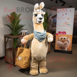 Beige Llama mascot costume character dressed with a Flare Jeans and Tote bags