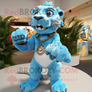 Sky Blue Smilodon mascot costume character dressed with a Playsuit and Bracelets