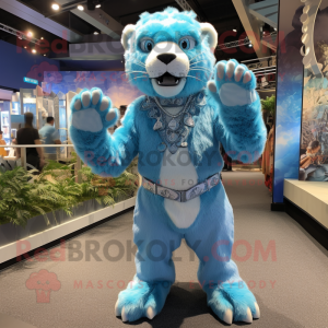 Sky Blue Smilodon mascot costume character dressed with a Playsuit and Bracelets