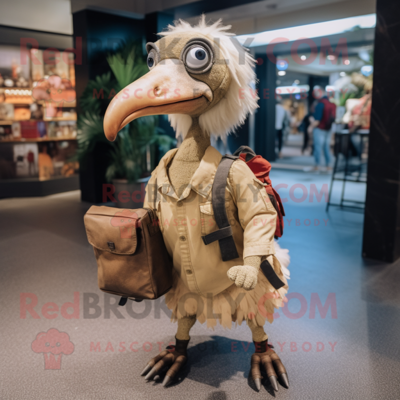 Beige Dodo Bird mascot costume character dressed with a Button-Up Shirt and Backpacks