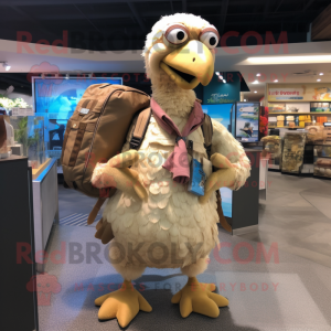 Beige Dodo Bird mascot costume character dressed with a Button-Up Shirt and Backpacks