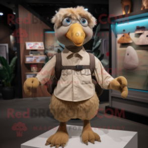 Beige Dodo Bird mascot costume character dressed with a Button-Up Shirt and Backpacks