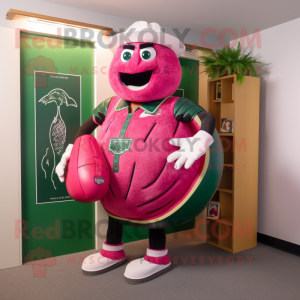 Magenta Watermelon mascot costume character dressed with a Rugby Shirt and Handbags