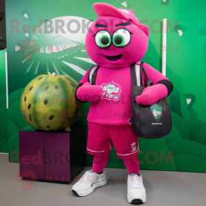 Magenta Watermelon mascot costume character dressed with a Rugby Shirt and Handbags