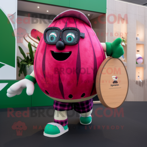 Magenta Watermelon mascot costume character dressed with a Rugby Shirt and Handbags