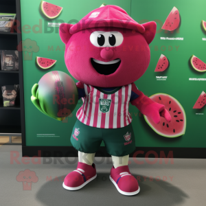 Magenta Watermelon mascot costume character dressed with a Rugby Shirt and Handbags