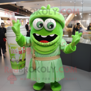 Green Ramen mascot costume character dressed with a Long Sleeve Tee and Rings