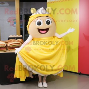 Lemon Yellow Pulled Pork Sandwich mascot costume character dressed with a Mini Skirt and Shawls