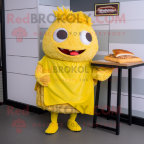 Lemon Yellow Pulled Pork Sandwich mascot costume character dressed with a Mini Skirt and Shawls