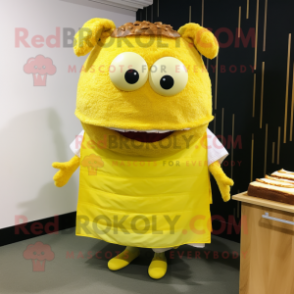 Lemon Yellow Pulled Pork Sandwich mascot costume character dressed with a Mini Skirt and Shawls