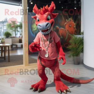 Red Chupacabra mascot costume character dressed with a Boyfriend Jeans and Necklaces