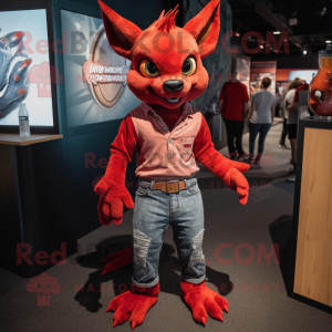 Red Chupacabra mascot costume character dressed with a Boyfriend Jeans and Necklaces