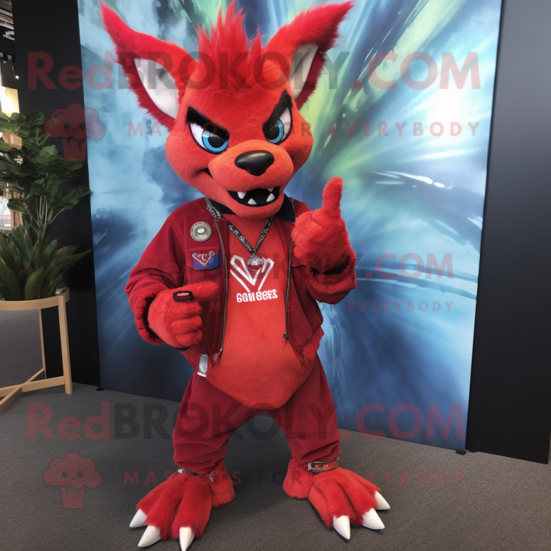 Red Chupacabra mascot costume character dressed with a Boyfriend Jeans and Necklaces Red Chupacabra mascot costume character dressed with a Boyfriend Jeans and Necklaces