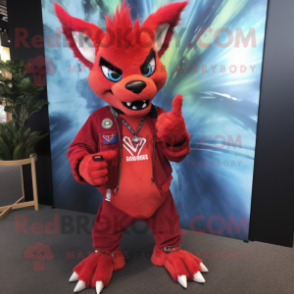 Red Chupacabra mascot costume character dressed with a Boyfriend Jeans and Necklaces