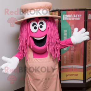 Pink Spaghetti mascot costume character dressed with a Dress Shirt and Hats