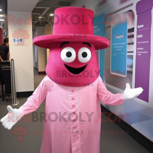 Pink Spaghetti mascot costume character dressed with a Dress Shirt and Hats