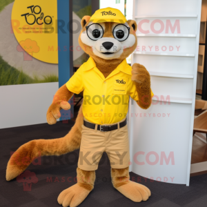 Yellow Mongoose mascot costume character dressed with a Oxford Shirt and Rings