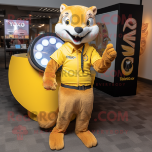 Yellow Mongoose mascot costume character dressed with a Oxford Shirt and Rings
